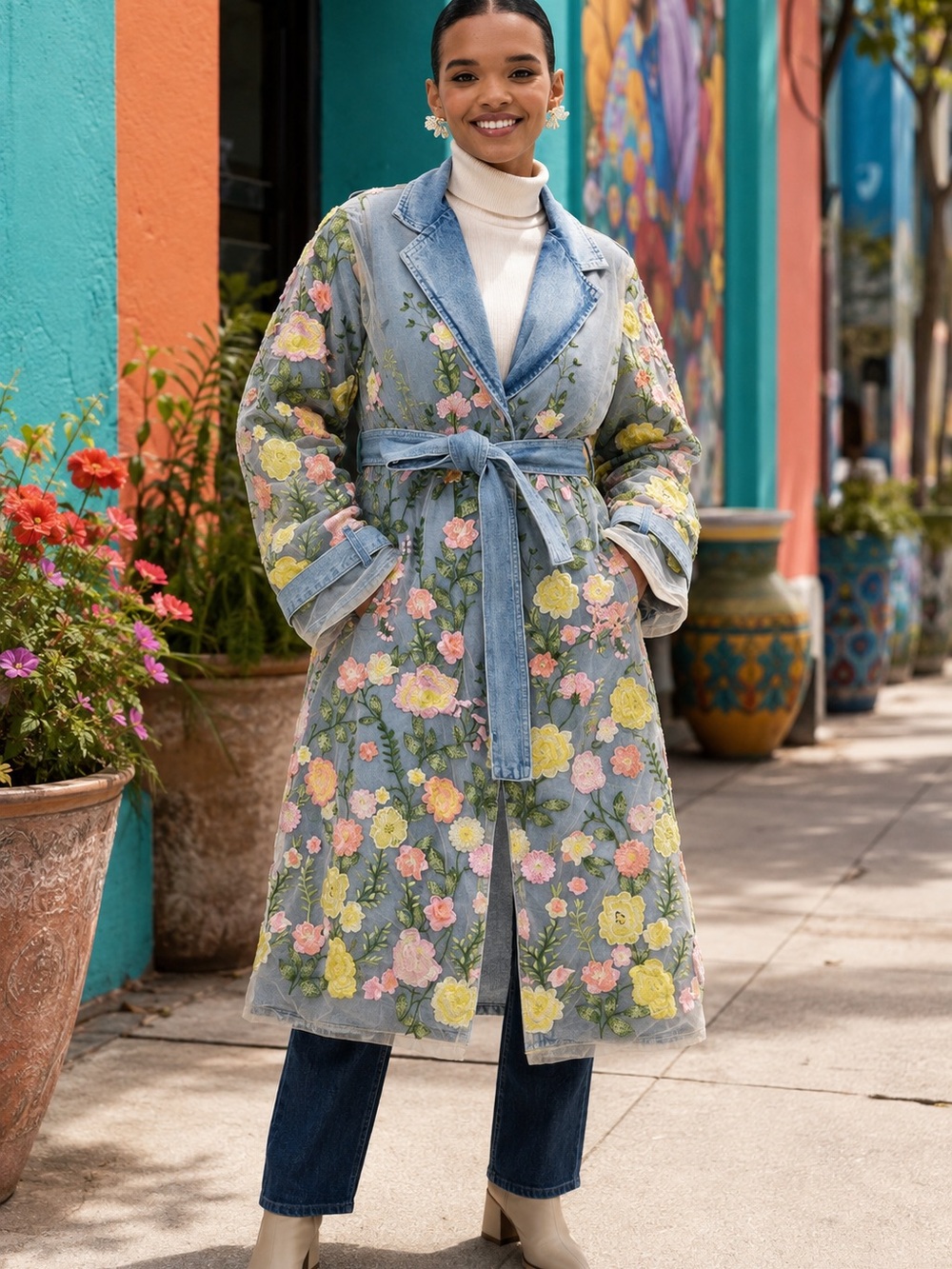 AKIRA Light Blue Denim Floral Embroidered Trench Coat